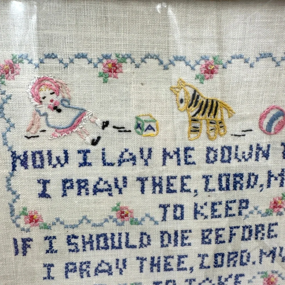 Vtg 1950s Now I Lay Me Down To Sleep Childs Prayer Nursery Cross Stitch Sampler